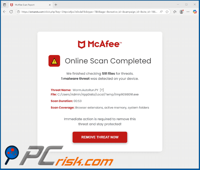 Appearance of McAfee Online Scan Completed scam (GIF)