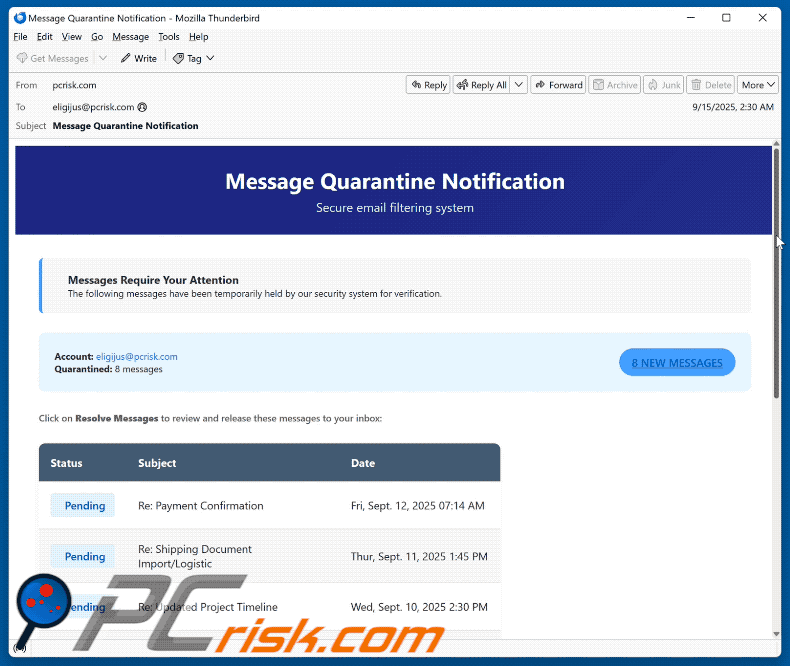 Message Quarantine Notification Email Scam appearance