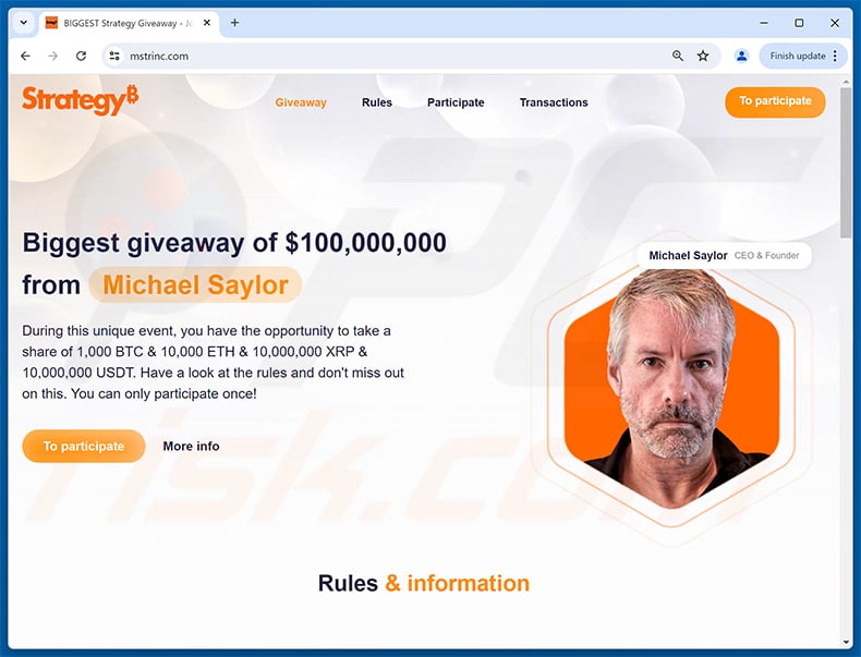 MicroStrategy crypto giveaway scam website (mstrinc[.]com)