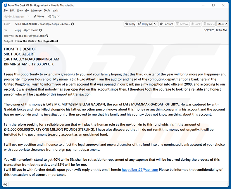 Moving Funds To Your Account email scam (2025-09-16)