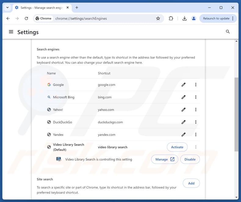 Removing myvideolibrary.info from Google Chrome default search engine