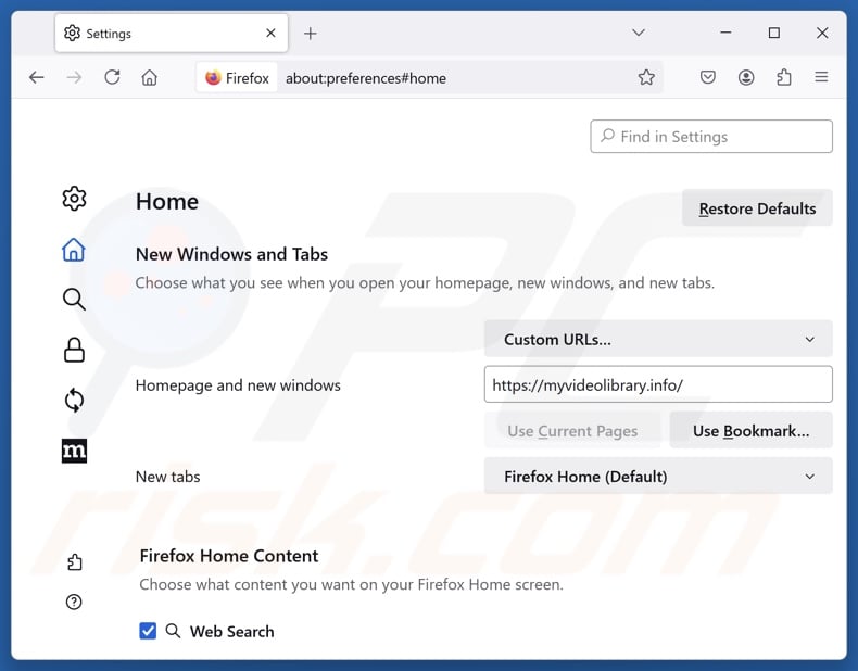 Removing myvideolibrary.info from Mozilla Firefox homepage
