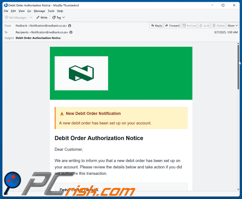 Nedbank - New Debit Order Notification scam email appearance (GIF)