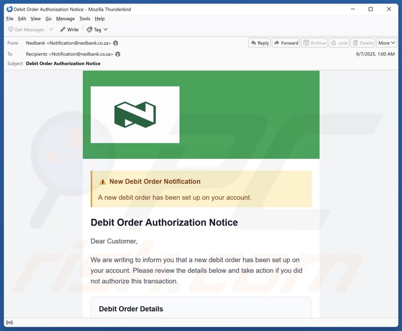 Nedbank - New Debit Order Notification email spam campaign