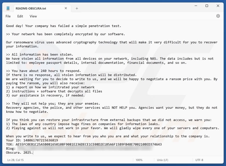 Obscura ransomware ransom note (README-OBSCURA.txt)