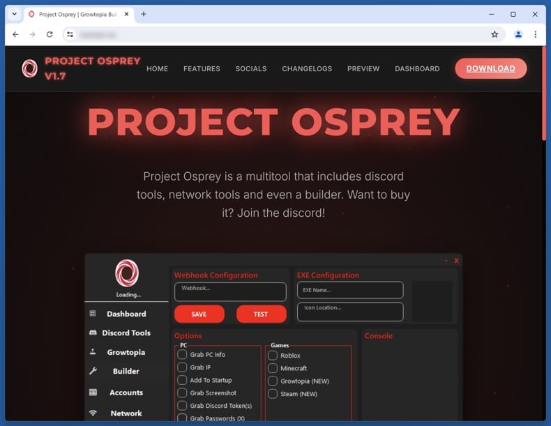 Osprey stealer promoting site