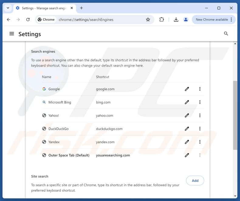Removing youaresearching.com from Google Chrome default search engine