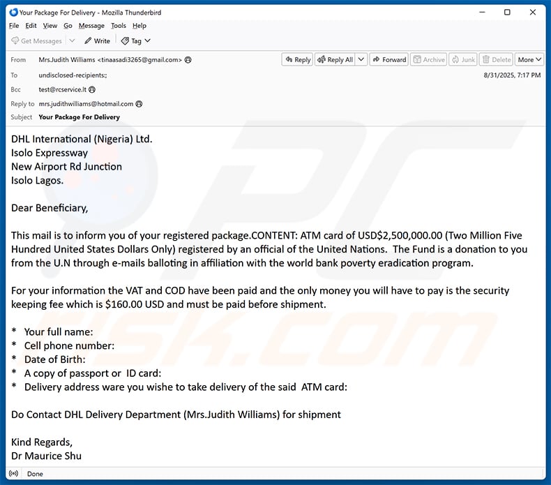 Parcels Containing ATM Cards email scam (2025-09-16)