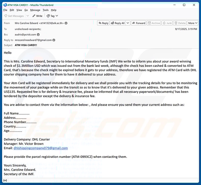 Parcels Containing ATM Cards Email Scam (2025-09-18)