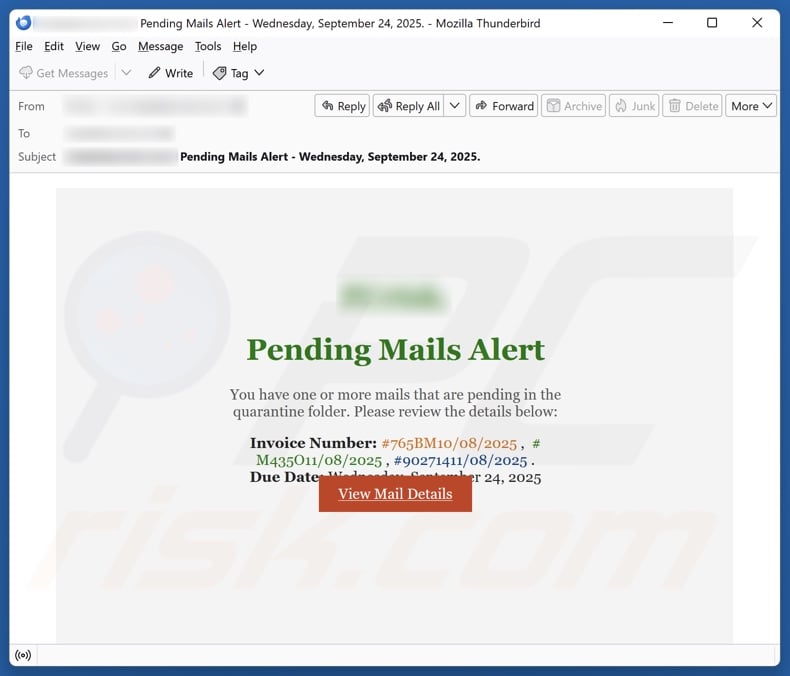Pending Mails Alert email spam campaign