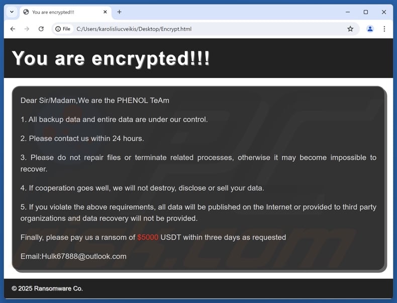 Phenol ransomware ransom note (Encrypt.html)