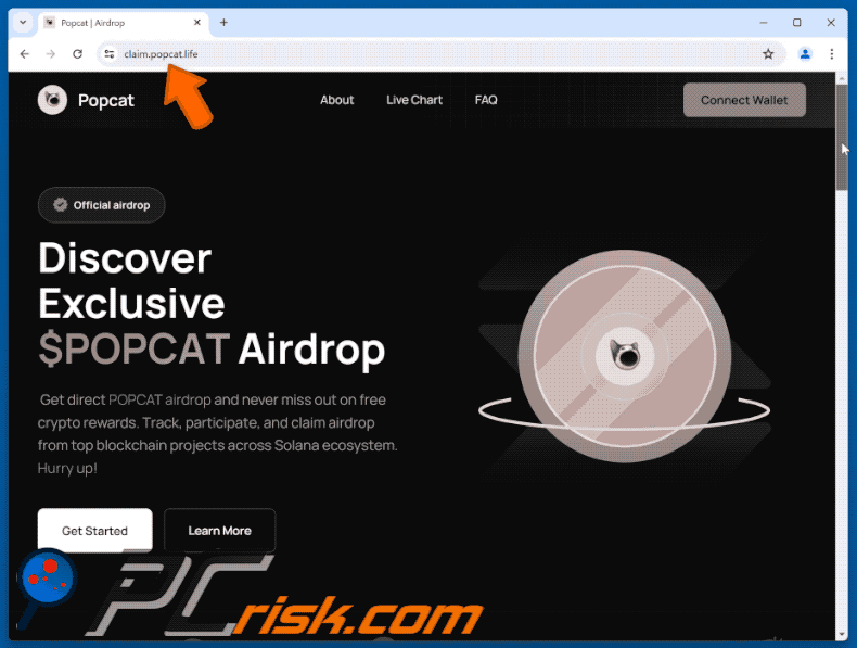 Appearance of the fake Popcat Airdrop website (GIF)