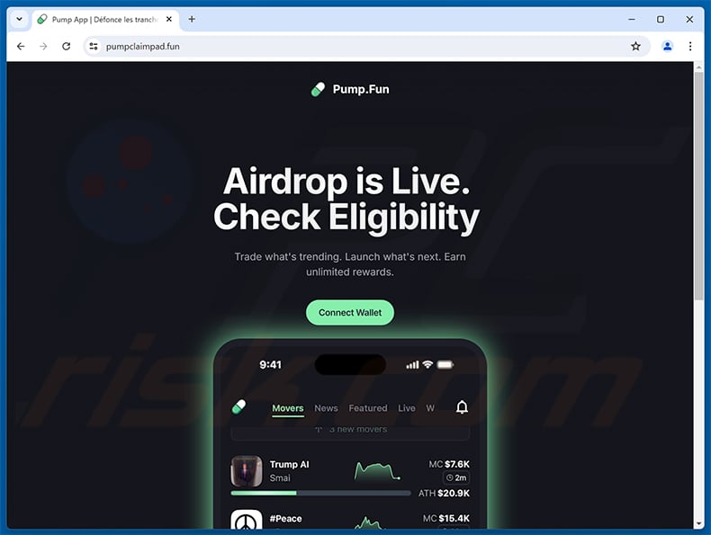 $PUMP airdrop-themed drainer website (pumpclaimpad[.]fun)