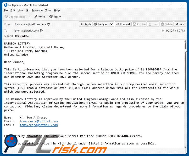 Rainbow Lottery scam email appearance (GIF)
