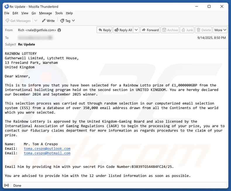 Rainbow Lottery email spam campaign