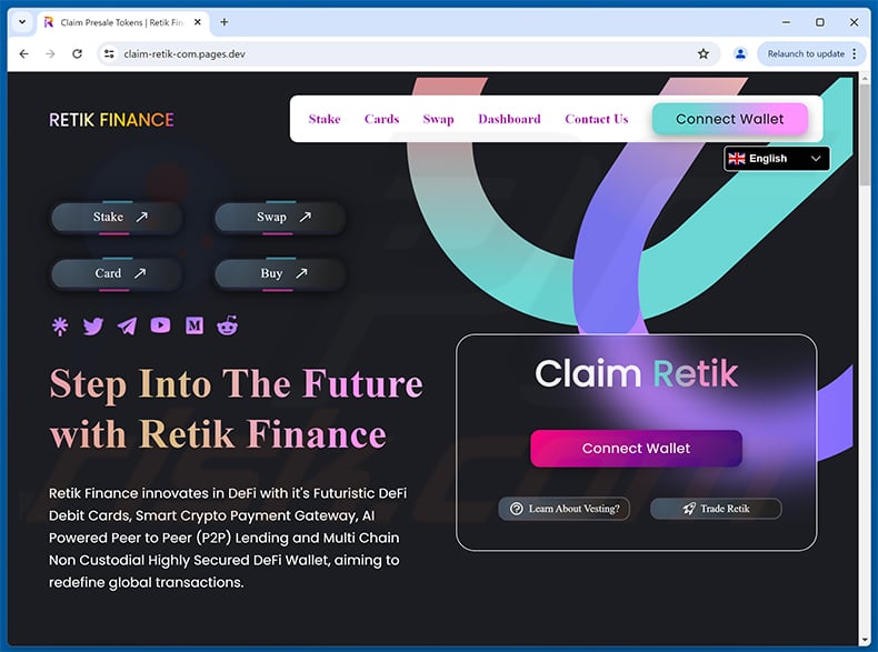 Retik Finance giveaway-themed drainer website (claim-retik-com.pages[.]dev)