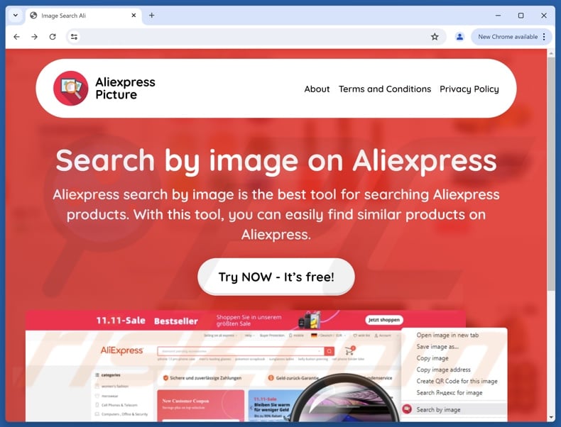 Website promoting Search by image on Aliexpress adware