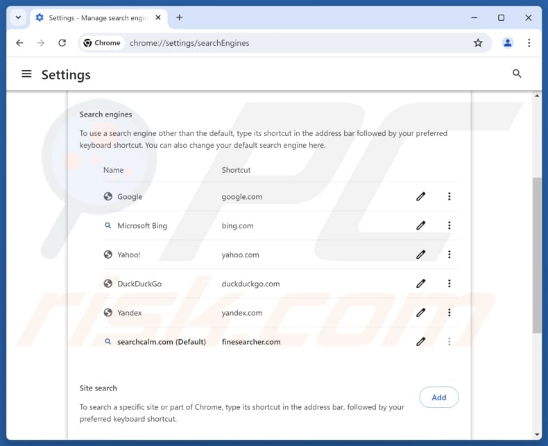 Removing searchcalm.com from Google Chrome default search engine