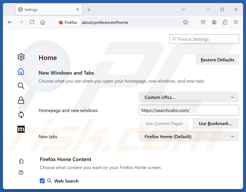 Removing searchcalm.com from Mozilla Firefox homepage