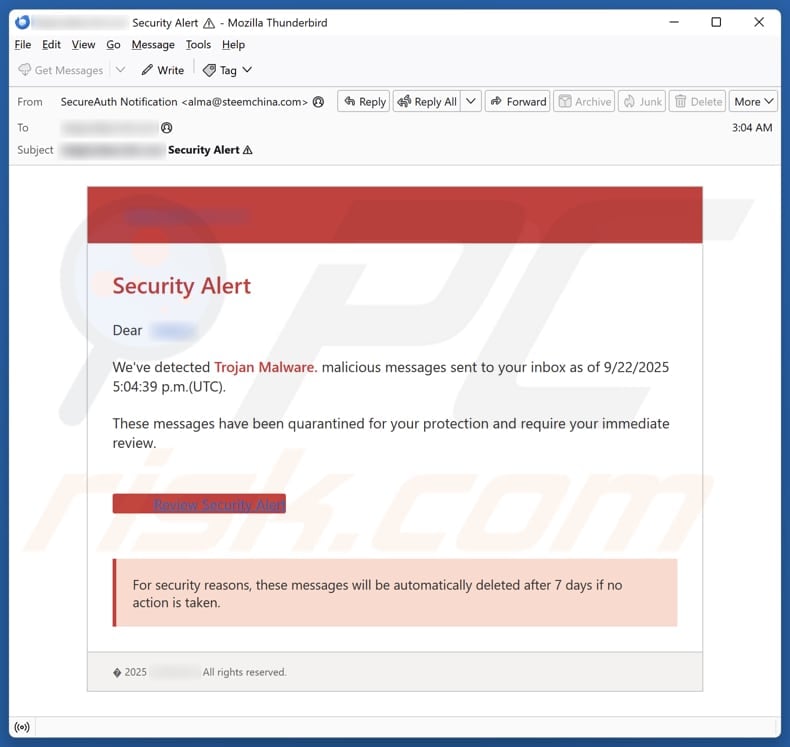Email Account Failure Notice email spam campaign