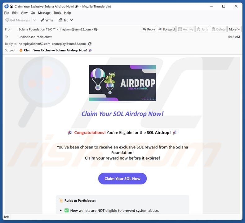 Solana Community Airdrop Scam promoting email