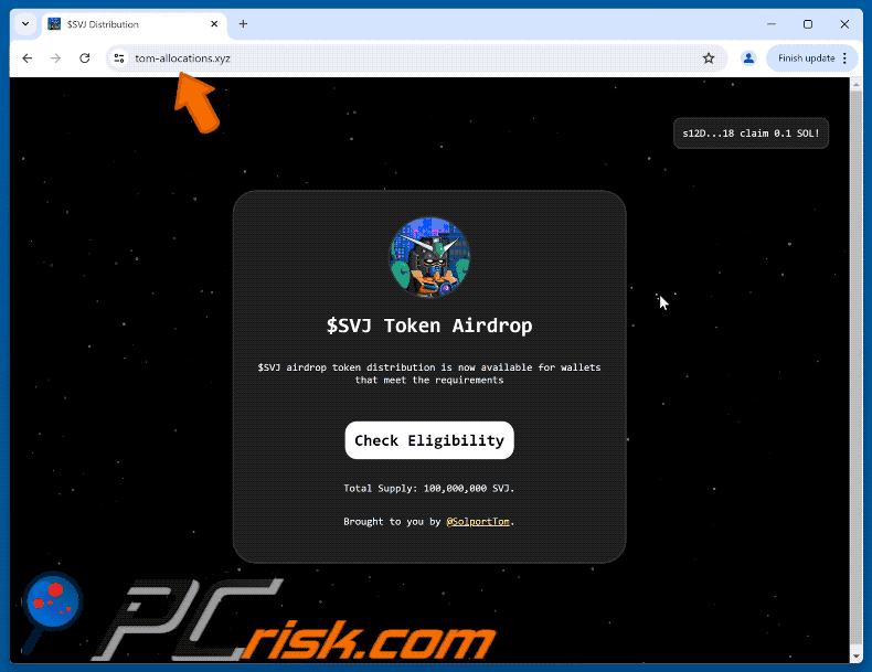 Appearance of the fake $SVJ Token Airdrop website (GIF)