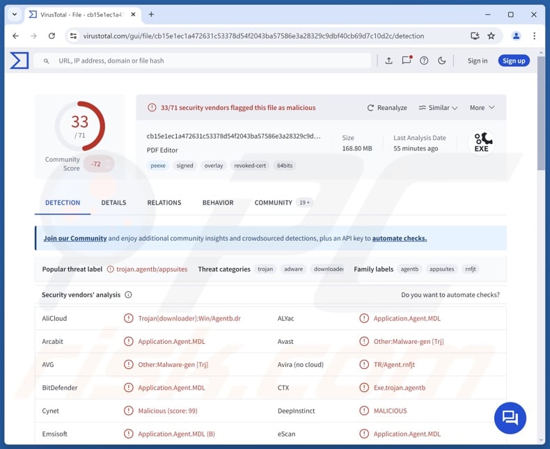 TamperedChef malware detections on VirusTotal