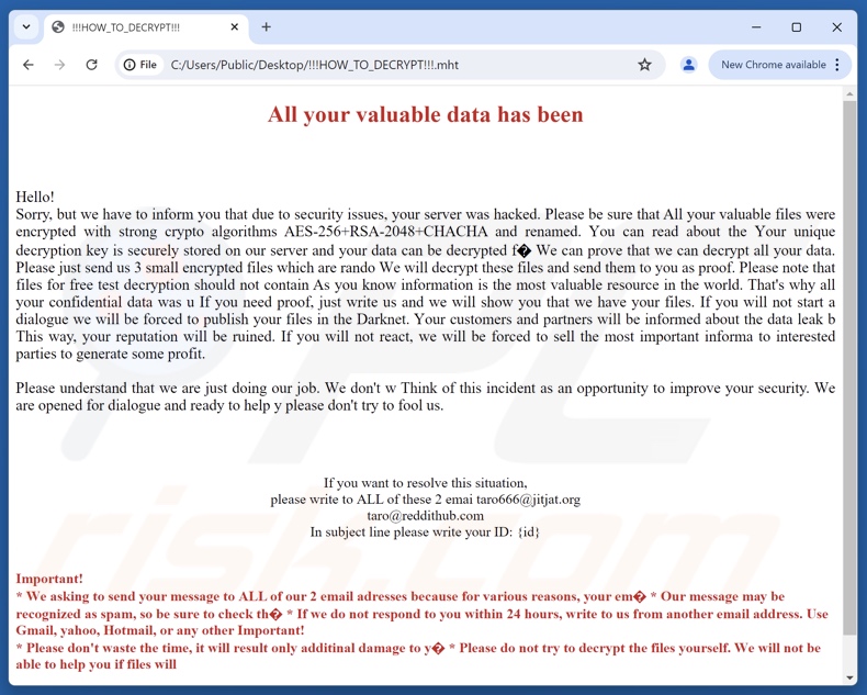Taro ransomware ransom note (!!!HOW_TO_DECRYPT!!!.mht)