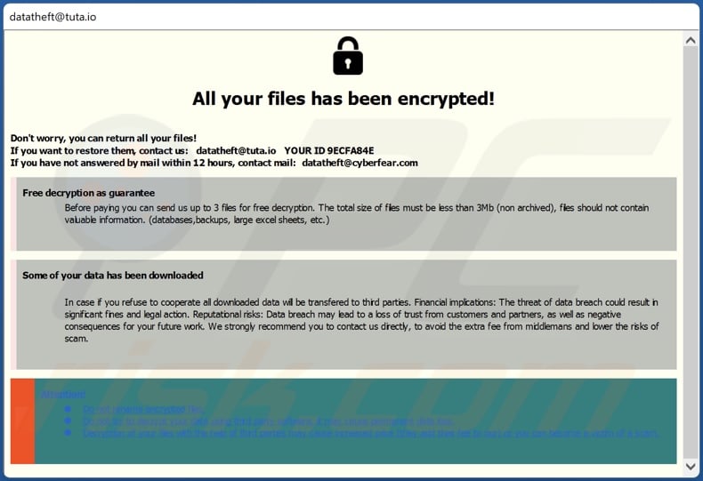 Theft ransomware ransom note (pop-up)
