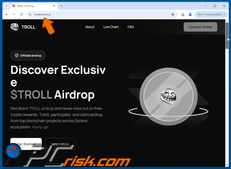 Appearance of the fake Troll Coin Airdrop website (GIF)