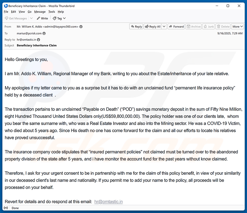 Unclaimed Insurance email scam (2025-09-17)