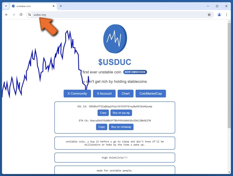 Appearance of the real Unstable Coin website (usduc.org)