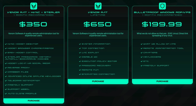 VenomRAT malware packages sold online