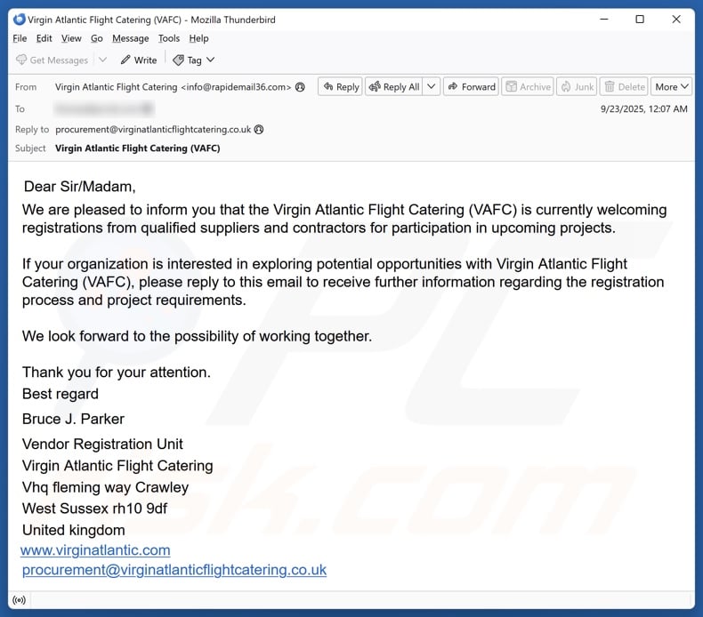 Virgin Atlantic Flight Catering (VAFC) email spam campaign
