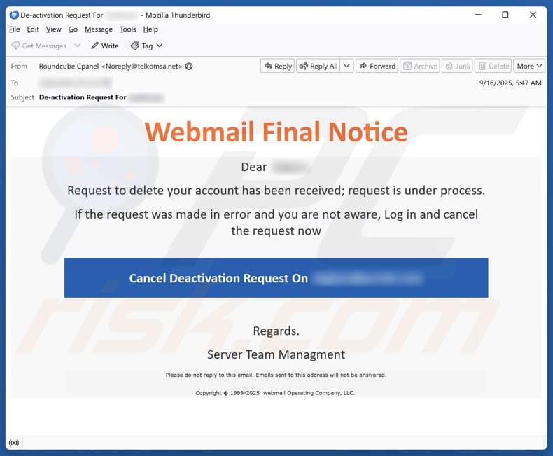 Email Account Failure Notice email spam campaign