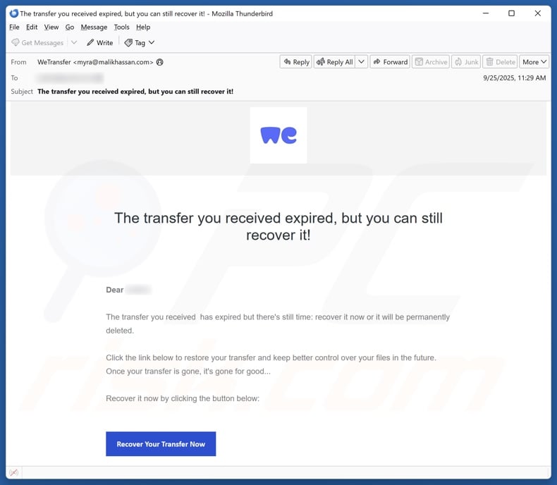 WeTransfer - Received Transfer Expired email spam campaign