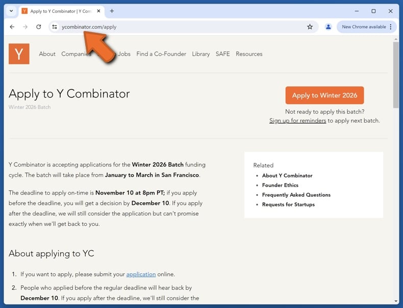 Appearance of the real Y Combinator website (ycombinator.com)