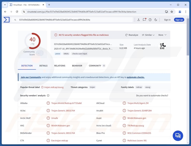ZynorRAT malware detections on VirusTotal