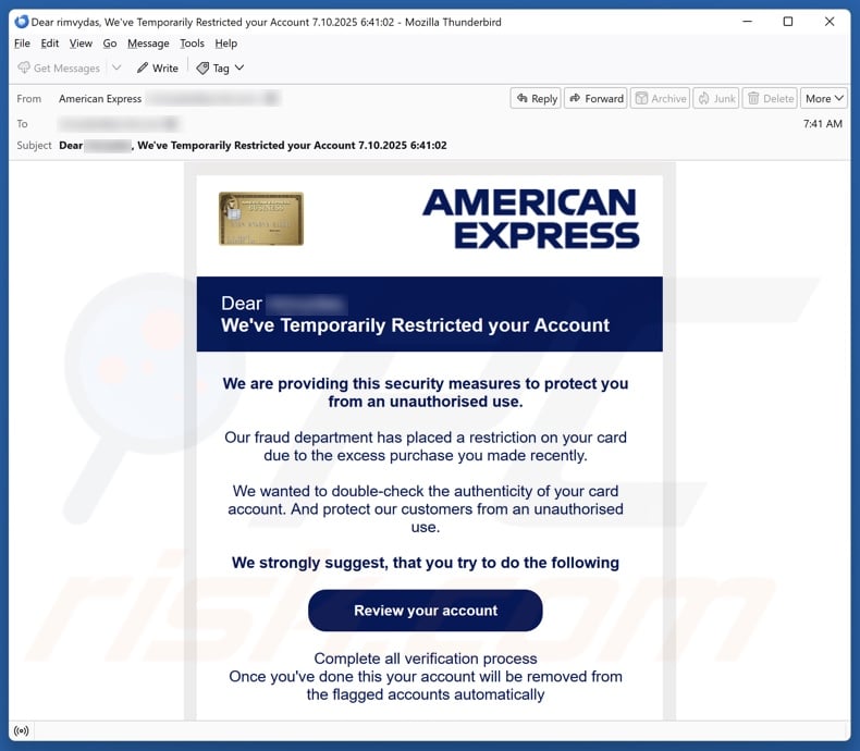 American Express - Account Restricted email spam campaign