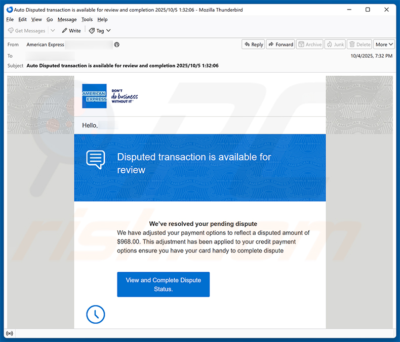 American Express - Disputed Transaction email scam (2025-10-07)