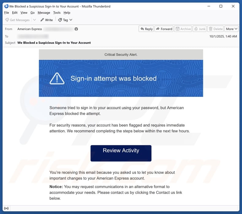 American Express - Sign-in Attempt Was Blocked email spam campaign