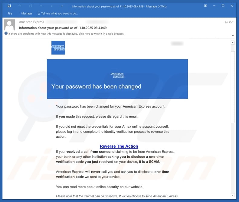 American Express - Your Password Has Been Changed email spam campaign