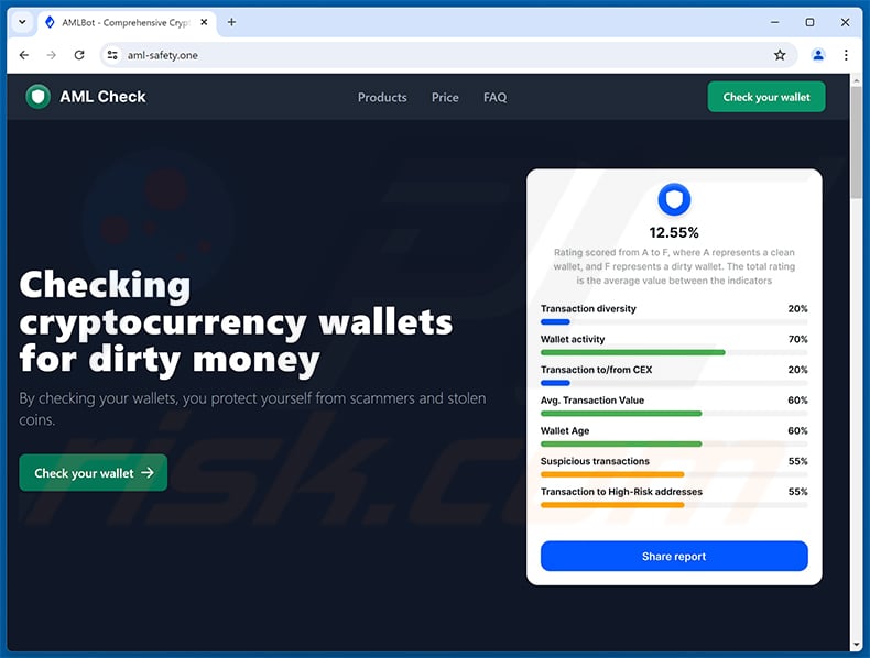 AMLBot Crypto Checking-themed drainer website (aml-safety[.]one)