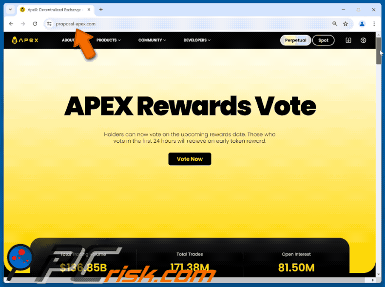Appearance of the fake ApeX Protocol ($APEX) Vote Reward website (GIF)