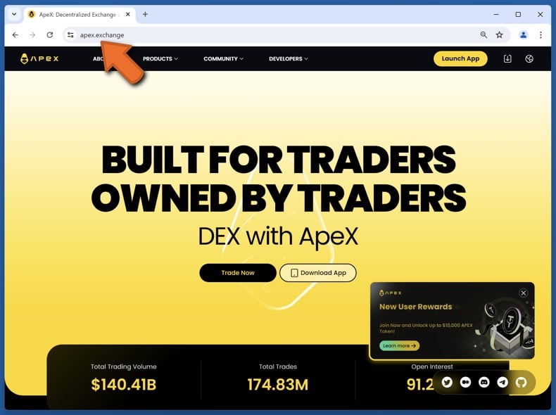 Appearance of the real ApeX Protocol website (apex.exchange)