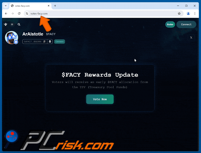 Appearance of ArAIstotle ($FACY) Vote Reward scam