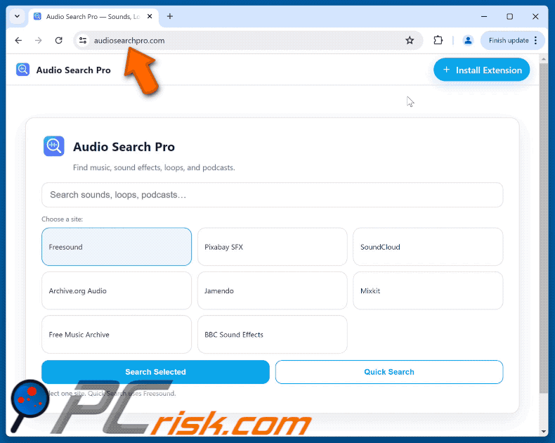 Audio Search Pro browser hijacker redirecting to audiosearchpro.com (GIF)