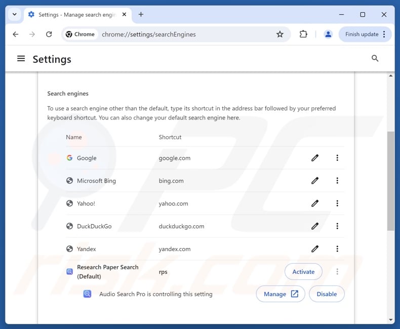 Removing audiosearchpro.com from Google Chrome default search engine