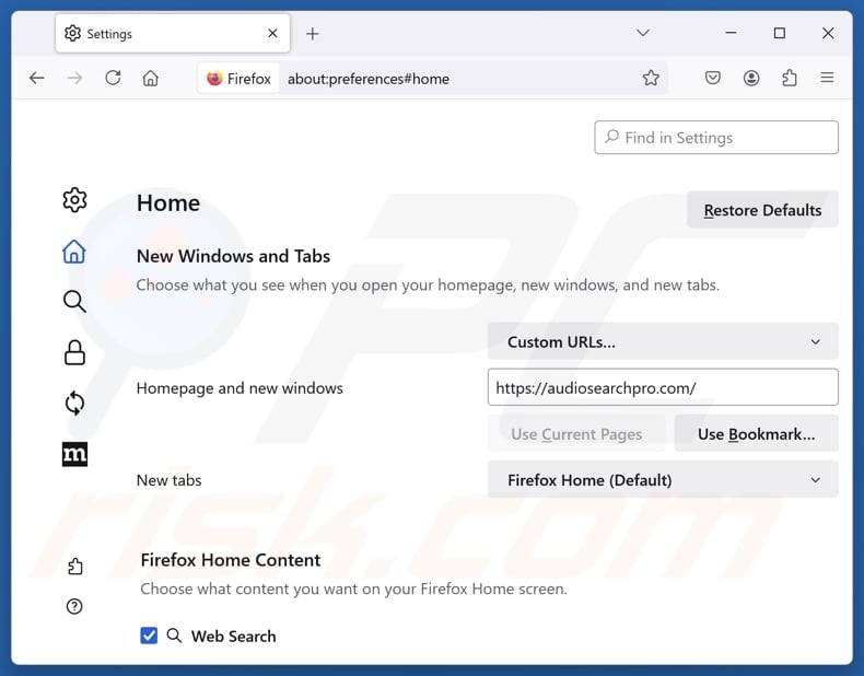 Removing audiosearchpro.com from Mozilla Firefox homepage