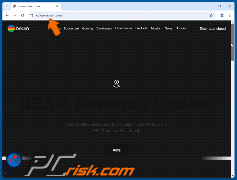 Appearance of the fake Beam Vote Rewards website (GIF)